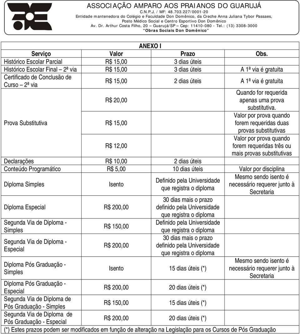 úteis A 1ª via é gratuita R$ 20,00 R$ 15,00 R$ 12,00 Quando for requerida apenas uma prova substitutiva.