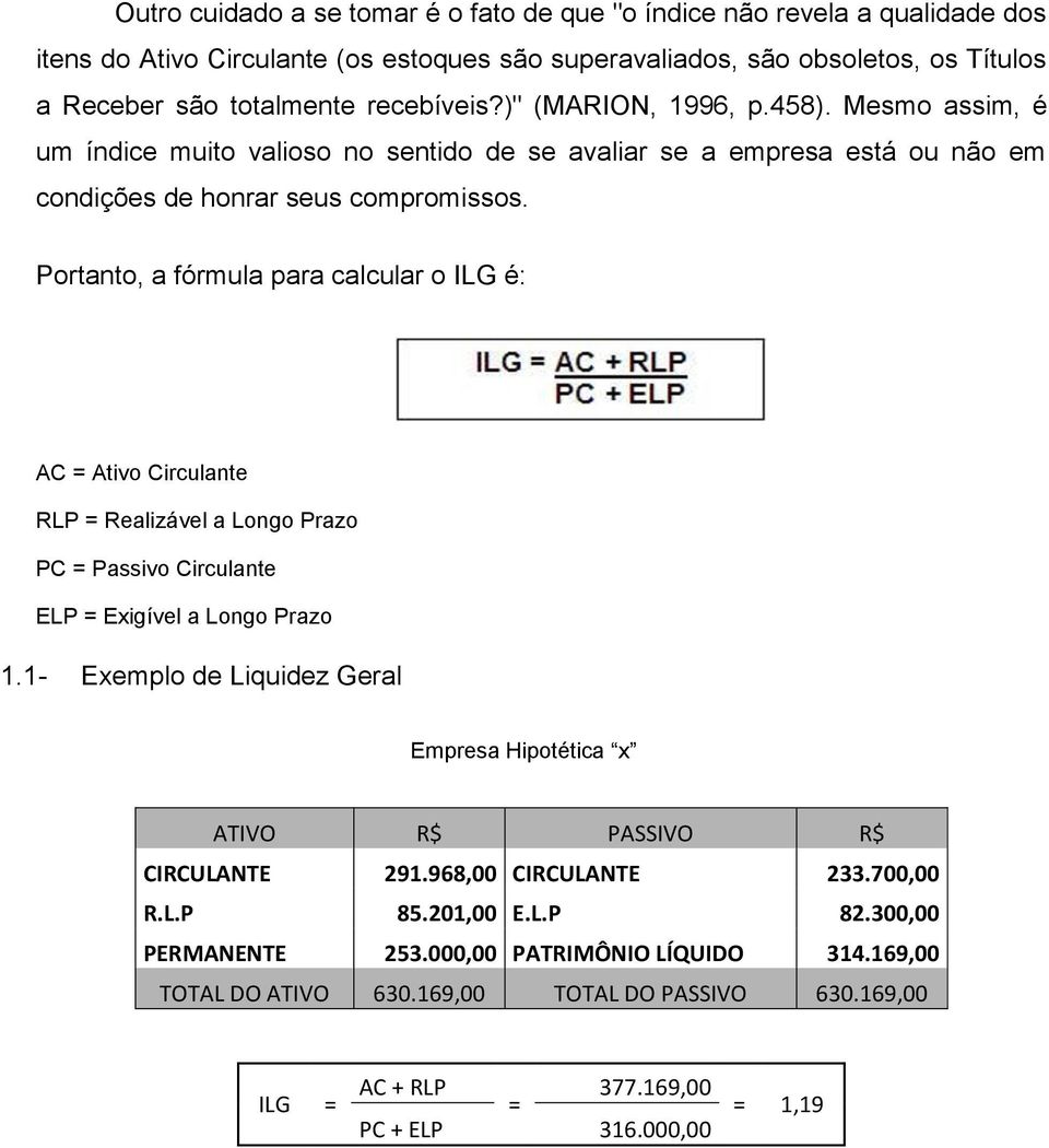 Portanto, a fórmula para calcular o ILG é: AC = Ativo Circulante RLP = Realizável a Longo Prazo PC = Passivo Circulante ELP = Exigível a Longo Prazo 1.