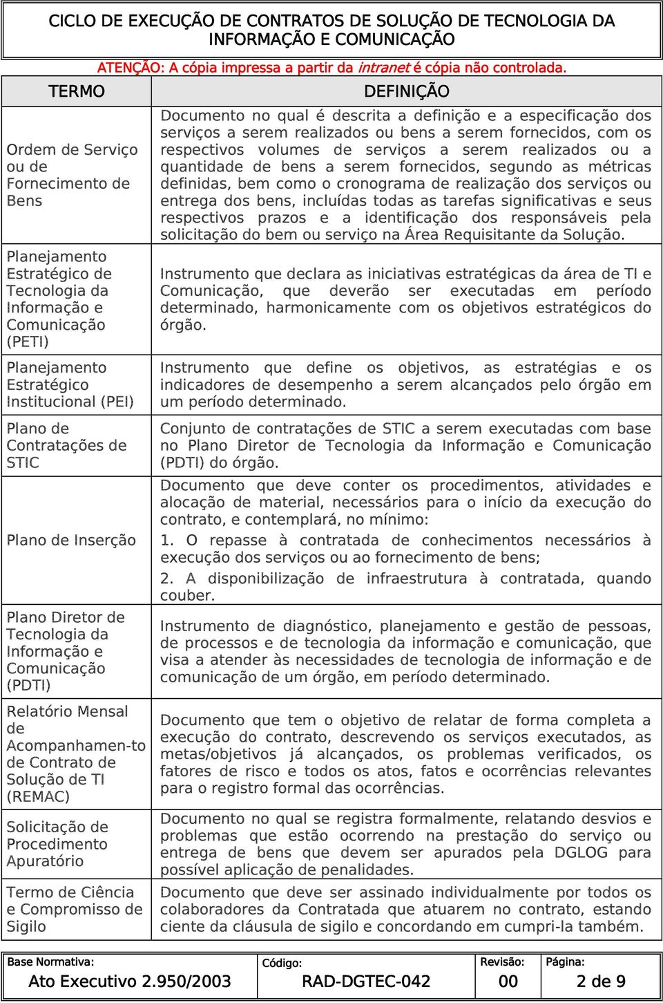 de Ciência e Compromisso de Sigilo DEFINIÇÃO Documento no qual é descrita a definição e a especificação dos serviços a serem realizados ou bens a serem fornecidos, com os respectivos volumes de