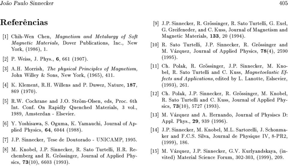 Strom-Olsen, eds, Proc. 6th Int. Conf. On Rapidly Quenched Materials, 3 vol., 1989, Amsterdan - Elsevier. [6] Y. Yoshisawa, S. Oguma, K. Yamauchi, Journal of Applied Physics, 64, 6044 (1988). [7] J.P. Sinnecker, Tese de Doutorado - UNICAMP, 1995.