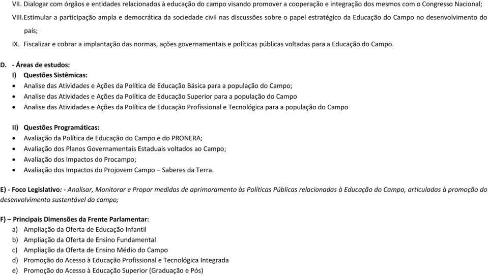 Fiscalizar e cobrar a implantação das normas, ações governamentais e políticas públicas voltadas para a Educação do Campo. D.