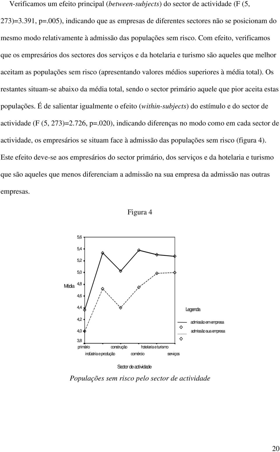 Com efeito, verificamos que os empresários dos sectores dos serviços e da hotelaria e turismo são aqueles que melhor aceitam as populações sem risco (apresentando valores médios superiores à média