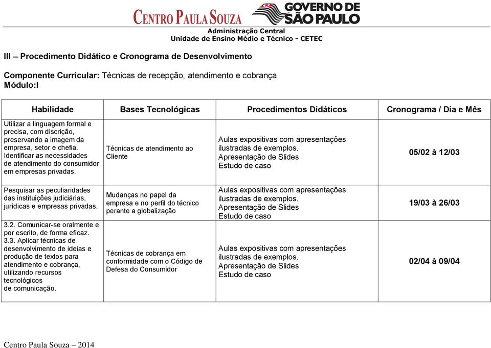 Técnicas de atendimento ao Cliente 05/02 à 12/03 Pesquisar as peculiaridades das instituições judiciárias, jurídicas e empresas privadas. 3.2. Comunicar-se oralmente e por escrito, de forma eficaz. 3.3. desenvolvimento de ideias e produção de textos para atendimento e cobrança, utilizando recursos tecnológicos de comunicação.