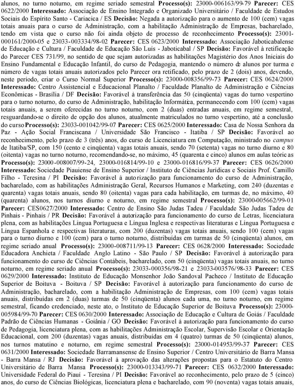 Empresas, bacharelado, tendo em vista que o curso não foi ainda objeto de processo de reconhecimento Processo(s): 23001-000161/2000-05 e 23033-003334/98-02 Parecer: CES 0623/2000 Interessado: