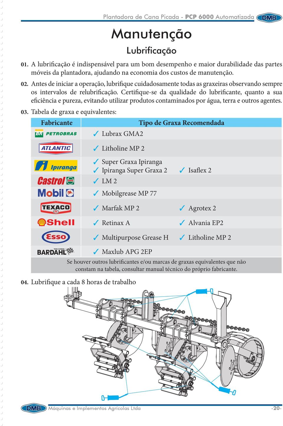 Certifique-se da qualidade do lubrificante, quanto a sua eficiência e pureza, evitando utilizar produtos contaminados por água, terra e outros agentes. 03.