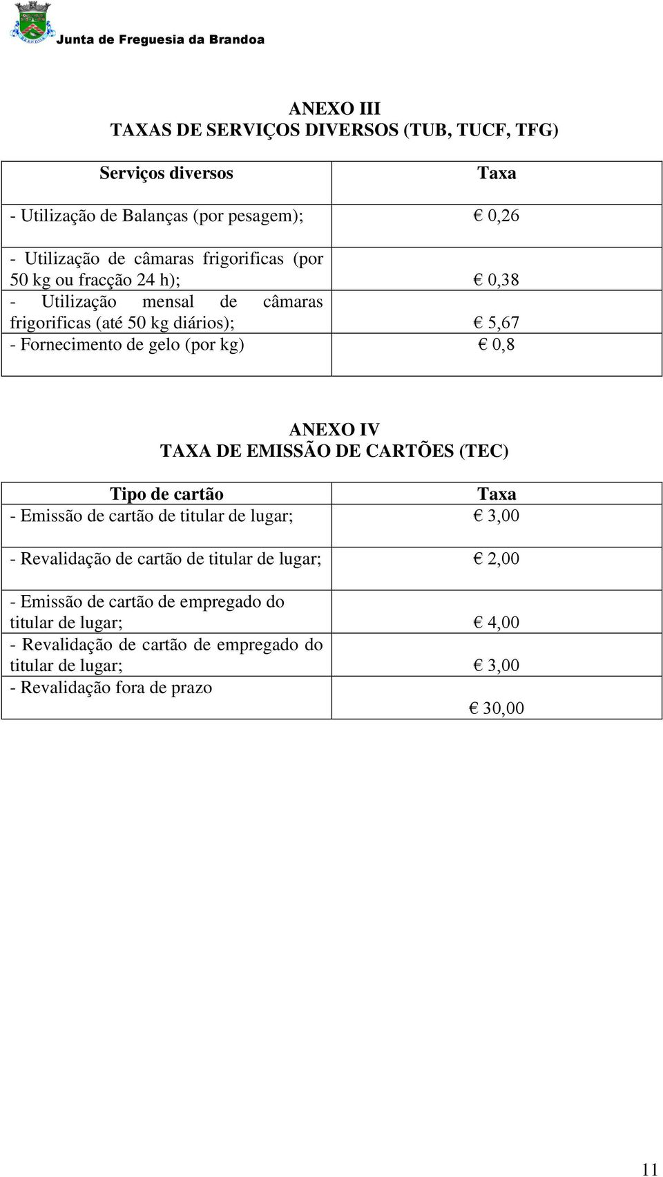 ANEXO IV TAXA DE EMISSÃO DE CARTÕES (TEC) Tipo de cartão Taxa - Emissão de cartão de titular de lugar; 3,00 - Revalidação de cartão de titular de lugar;