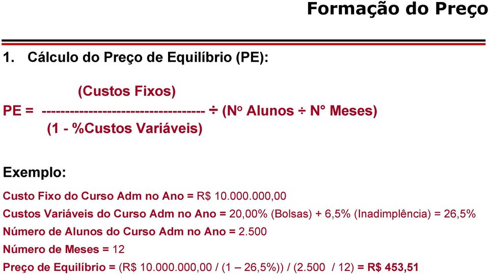 Meses) (1 - %Custos Variáveis) Exemplo: Custo Fixo do Curso Adm no Ano = R$ 10.000.