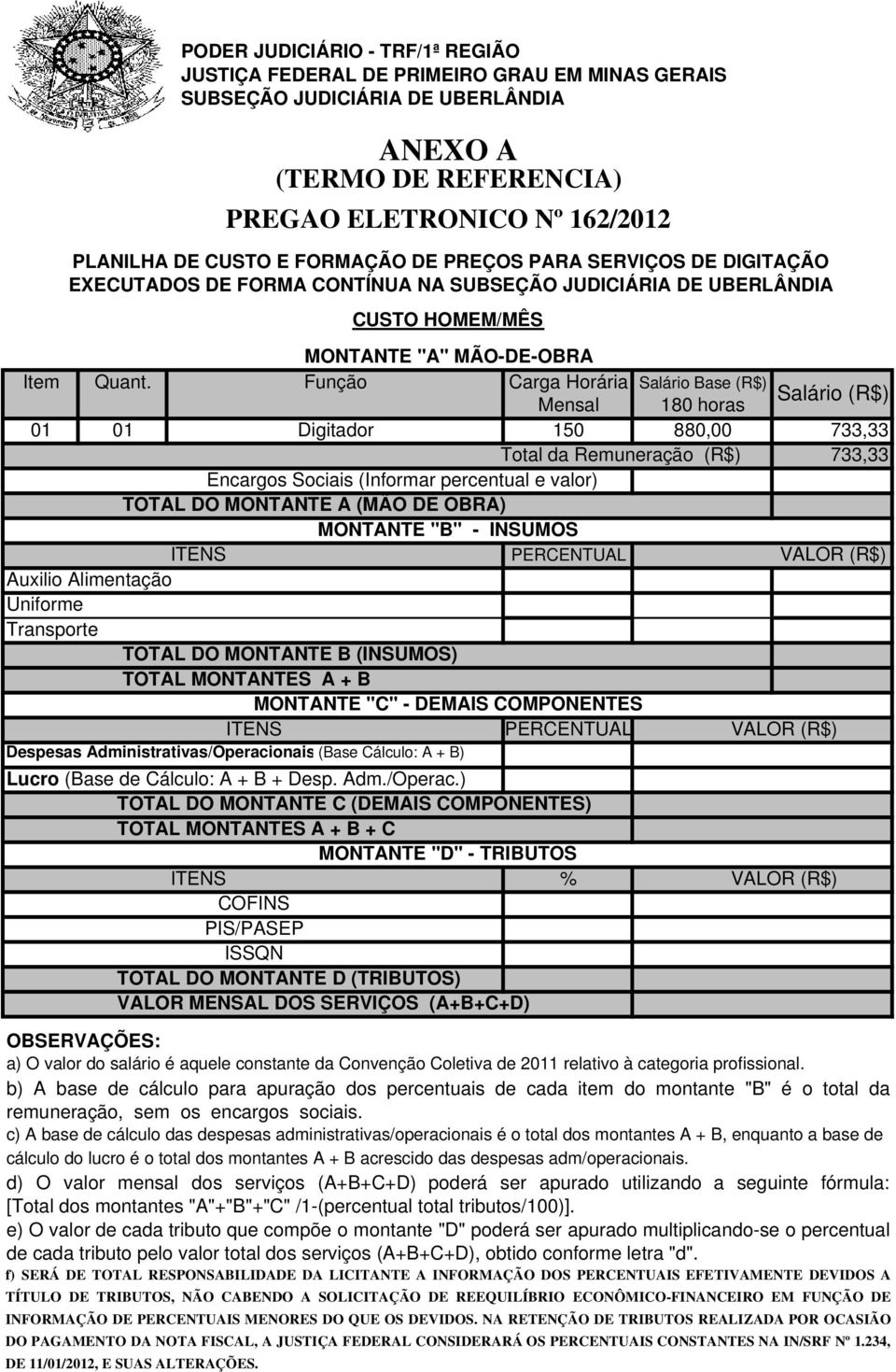 Função Carga Horária Salário Base (R$) Salário (R$) Mensal 180 horas 01 01 Digitador 150 880,00 733,33 Total da Remuneração (R$) 733,33 Encargos Sociais (Informar percentual e valor) TOTAL DO