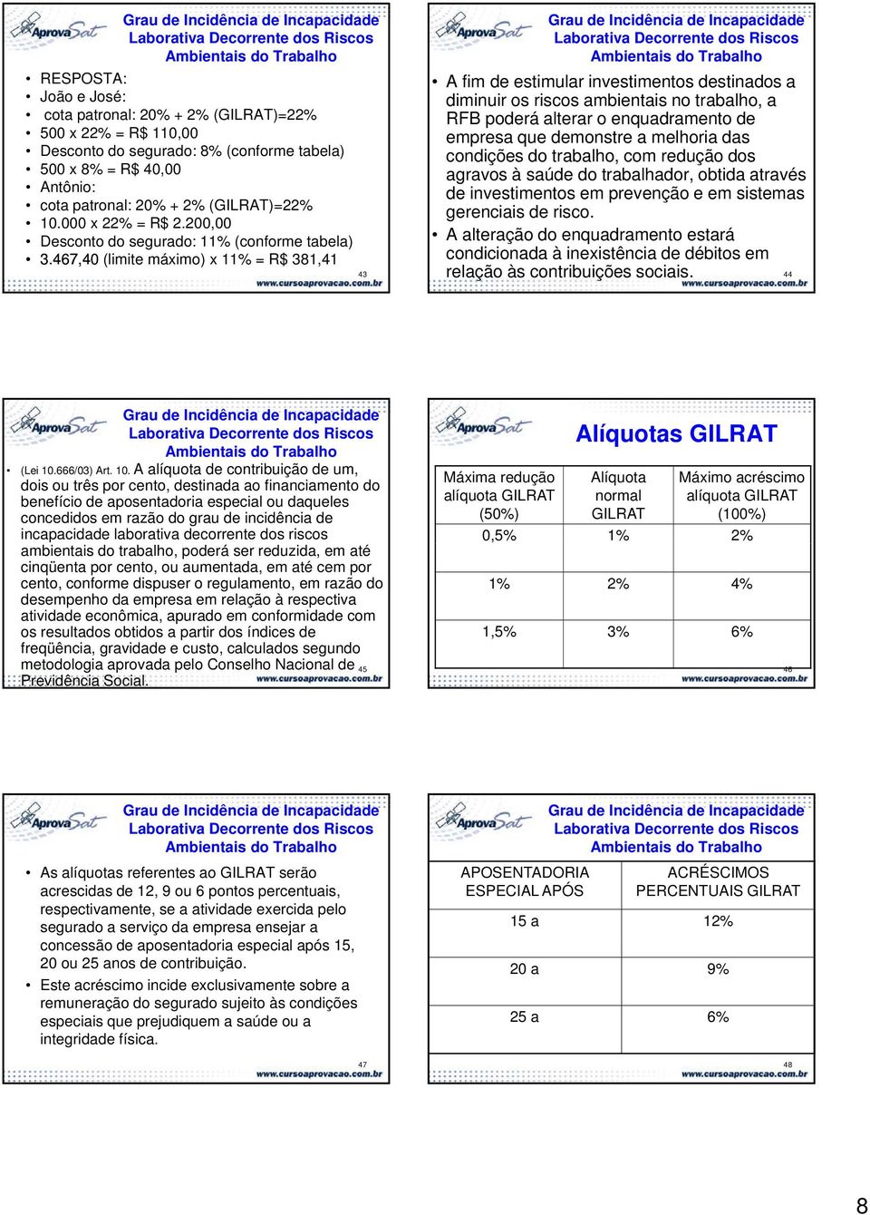 467,40 (limite máximo) x 11% = R$ 381,41 43 A fim de estimular investimentos destinados a diminuir os riscos ambientais no trabalho, a RFB poderá alterar o enquadramento de empresa que demonstre a