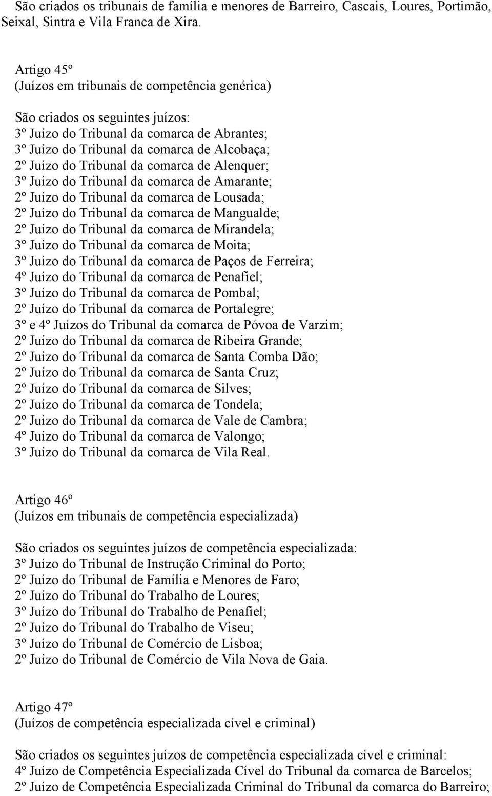 Tribunal da comarca de Alenquer; 3º Juízo do Tribunal da comarca de Amarante; 2º Juízo do Tribunal da comarca de Lousada; 2º Juízo do Tribunal da comarca de Mangualde; 2º Juízo do Tribunal da comarca