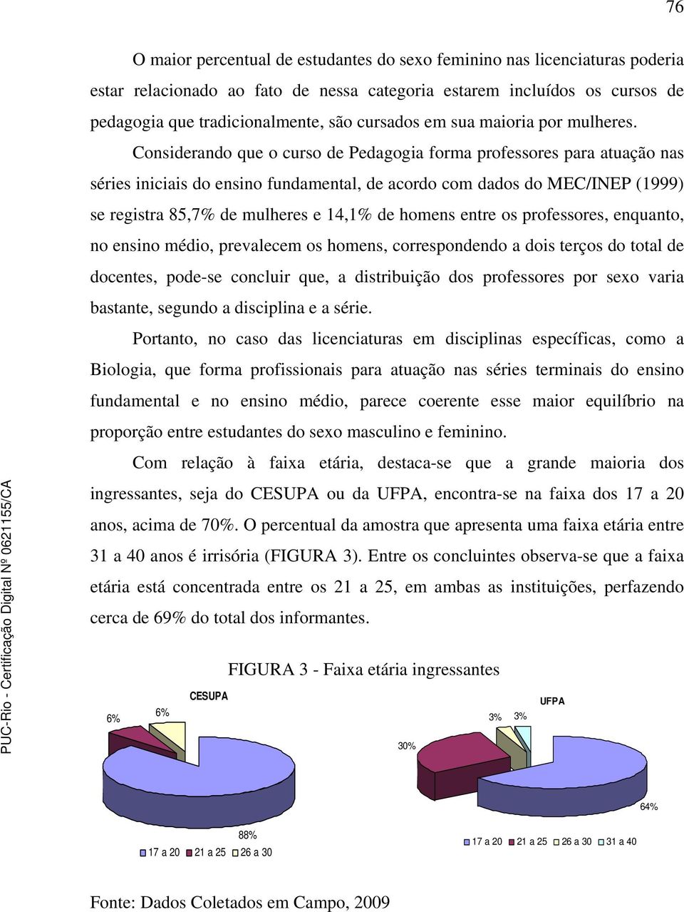 Considerando que o curso de Pedagogia forma professores para atuação nas séries iniciais do ensino fundamental, de acordo com dados do MEC/INEP (1999) se registra 85,7% de mulheres e 14,1% de homens