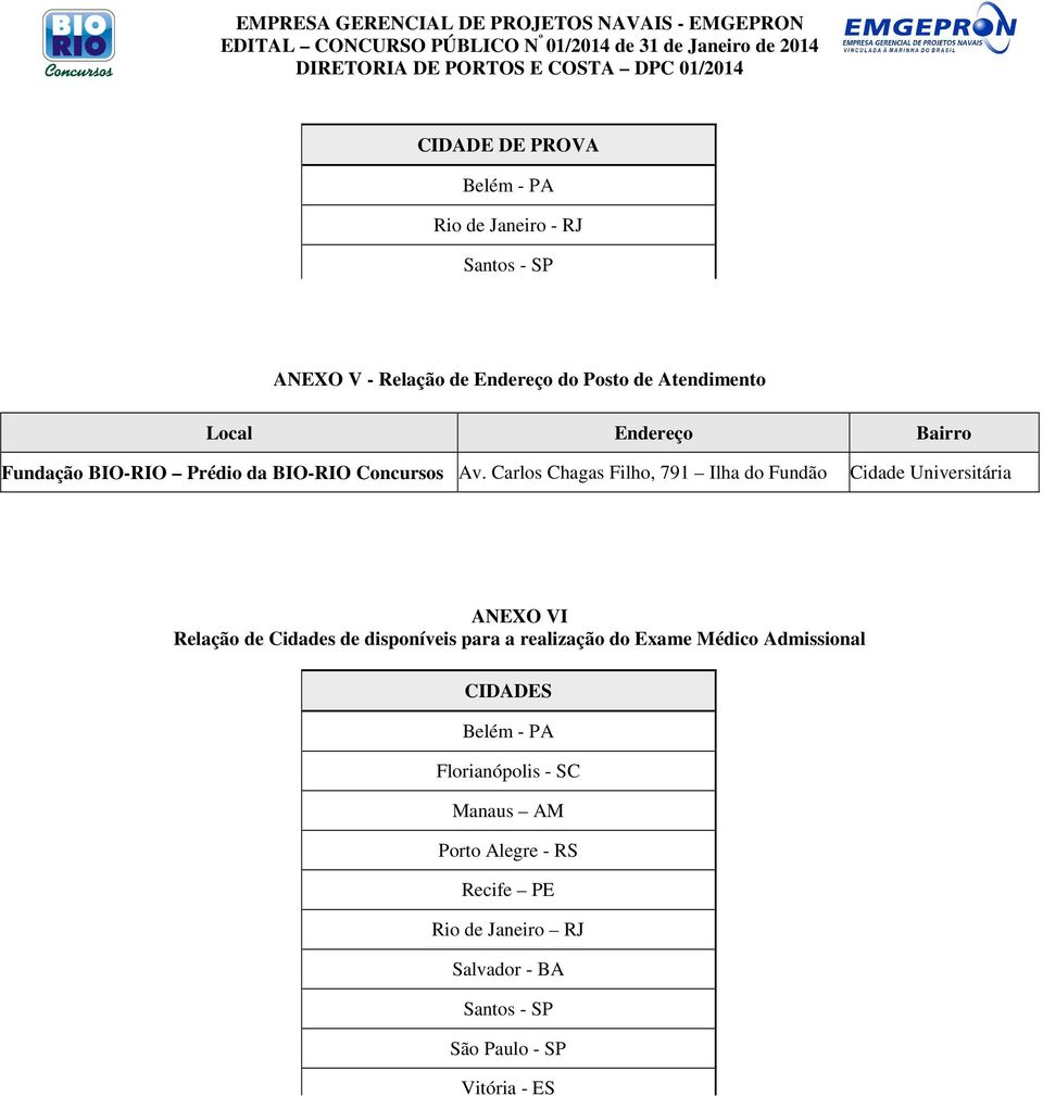 Carlos Chagas Filho, 791 Ilha do Fundão Cidade Universitária ANEXO VI Relação de Cidades de disponíveis para a