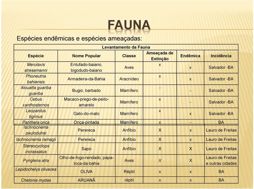 xanthosternos - Salvador -BA Leopardus x Gato-do-mato Mamífero tigrinus x Salvador -BA Panthera onca Onça-pintada Mamífero x - BA Ischnocnema paulodutrai Perereca Anfíbio X x Lauro de Freitas