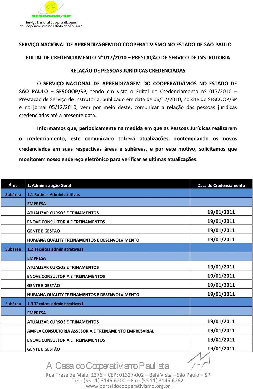 06/12/2010, no site do SESCOOP/SP e no jornal 05/12/2010, vem por meio deste, comunicar a relação das pessoas jurídicas credenciadas até a presente data.