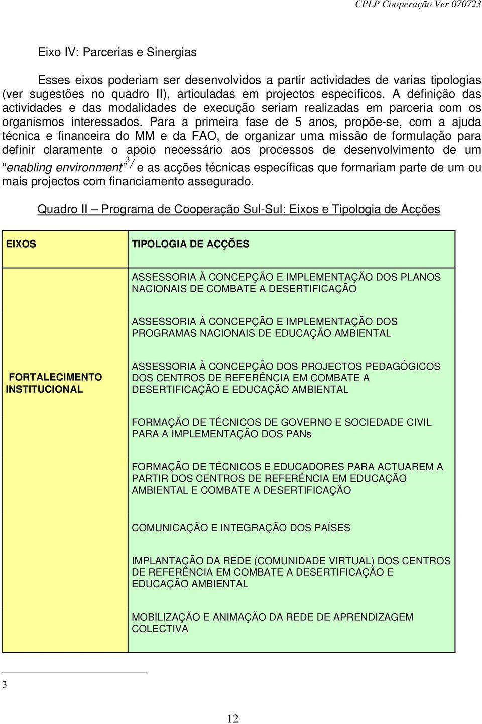 Para a primeira fase de 5 anos, propõe-se, com a ajuda técnica e financeira do MM e da FAO, de organizar uma missão de formulação para definir claramente o apoio necessário aos processos de