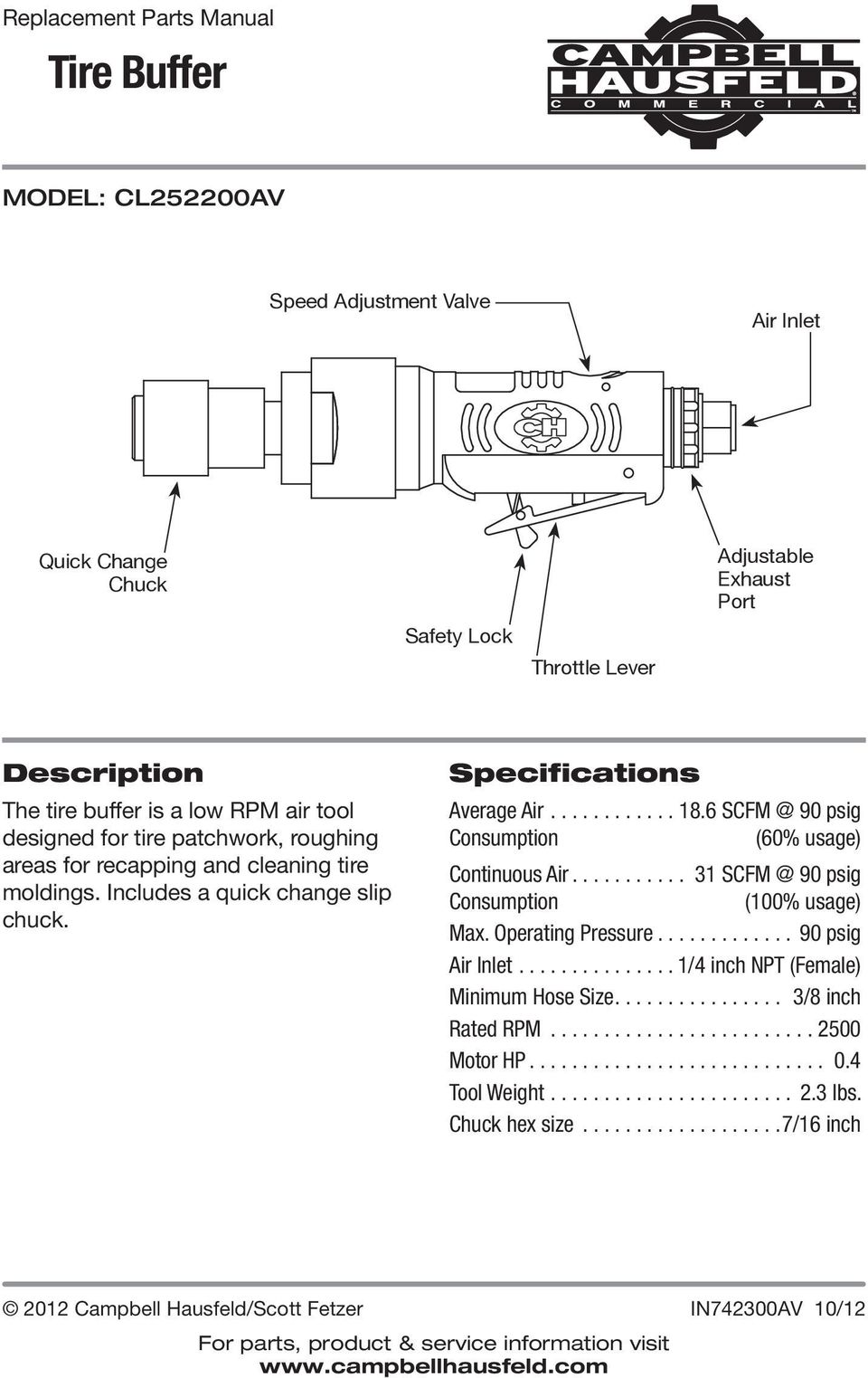 6 SCFM @ 90 psig Consumption (60% usage) Continuous Air........... 31 SCFM @ 90 psig Consumption (100% usage) Max. Operating Pressure............. 90 psig Air Inlet.