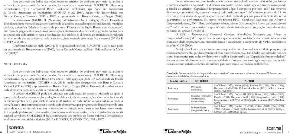 , 2004), tendo sido desenvolvida por Bana e Costa, e Vansnick (1995 e 1997) e apresentada em Bana e Costa, e Chagas (2004).