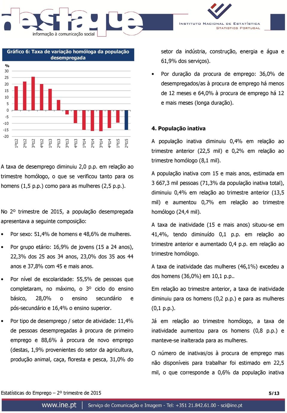 População inativa -2 A população inativa diminuiu,4% em relação ao trimestre anterior (22,5 mil) e,2% em relação ao A taxa de desemprego diminuiu 2, p.p. em relação ao trimestre homólogo, o que se verificou tanto para os homens (1,5 p.