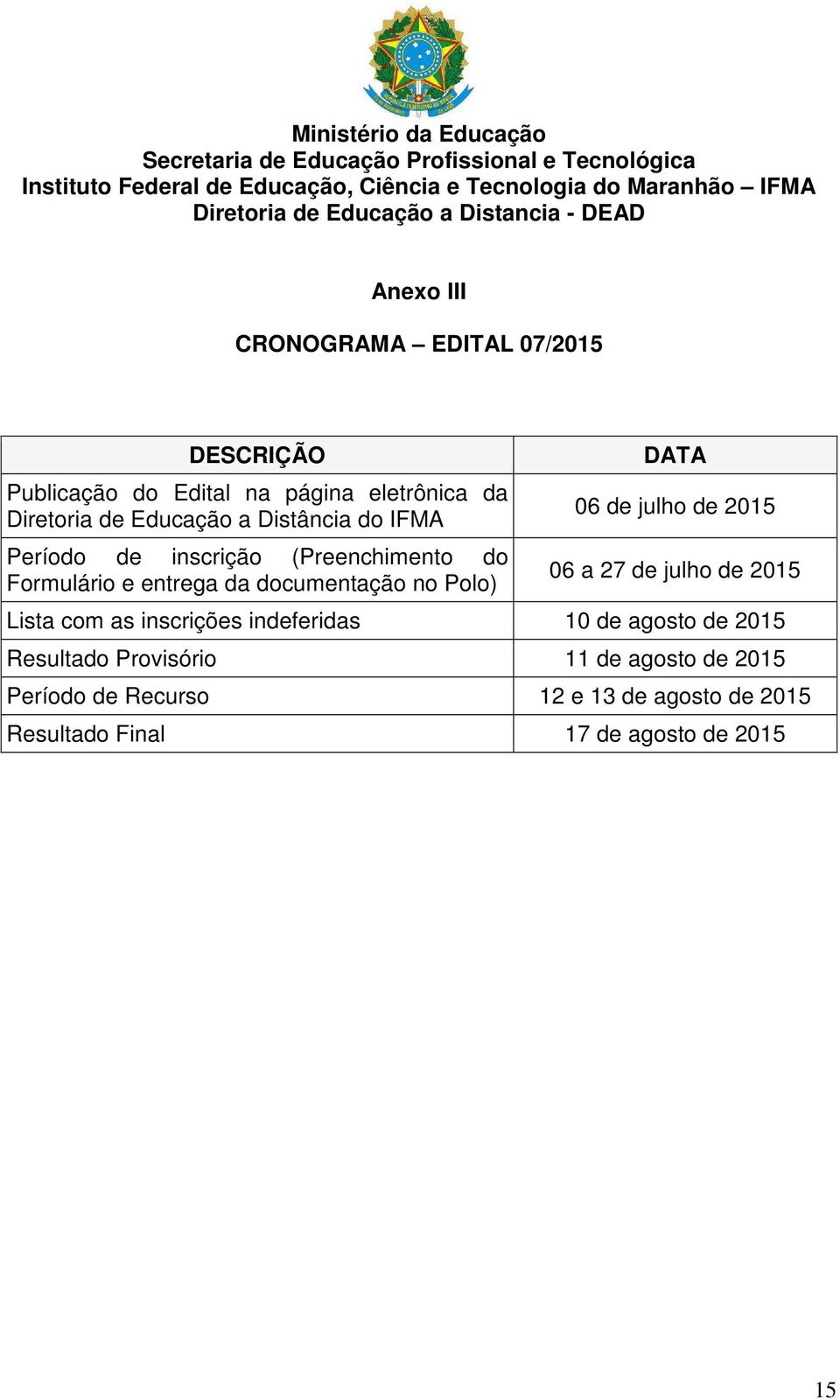 IFMA Período de inscrição (Preenchimento do Formulário e entrega da documentação no Polo) DATA 06 de julho de 2015 06 a 27 de julho de 2015 Lista com as