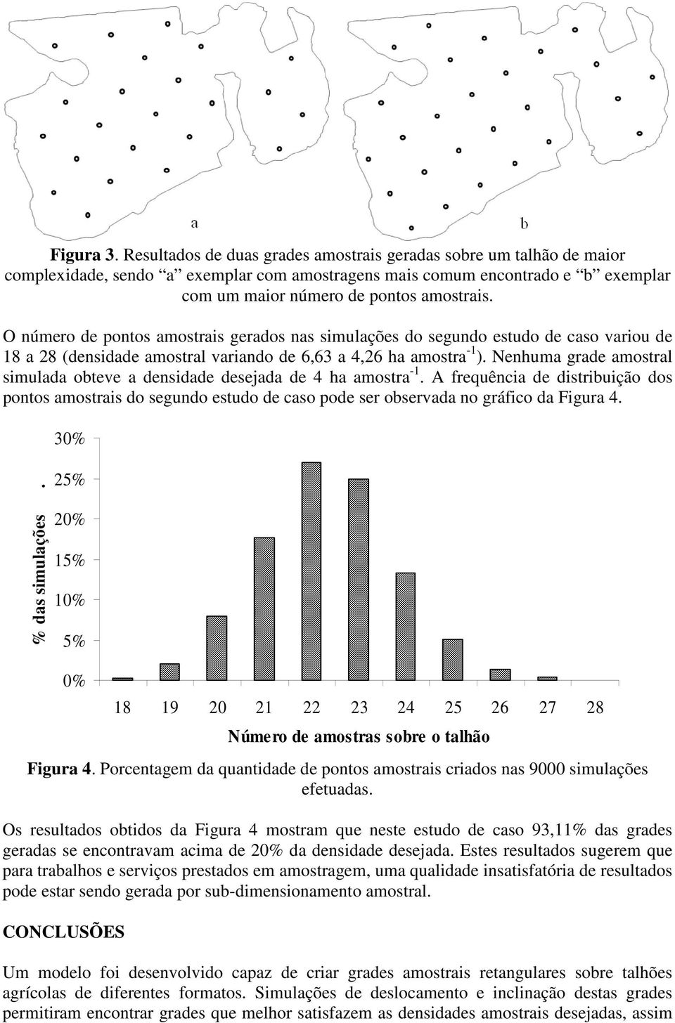 O número de pontos amostrais gerados nas simulações do segundo estudo de caso variou de 18 a 28 (densidade amostral variando de 6,63 a 4,26 ha amostra -1 ).