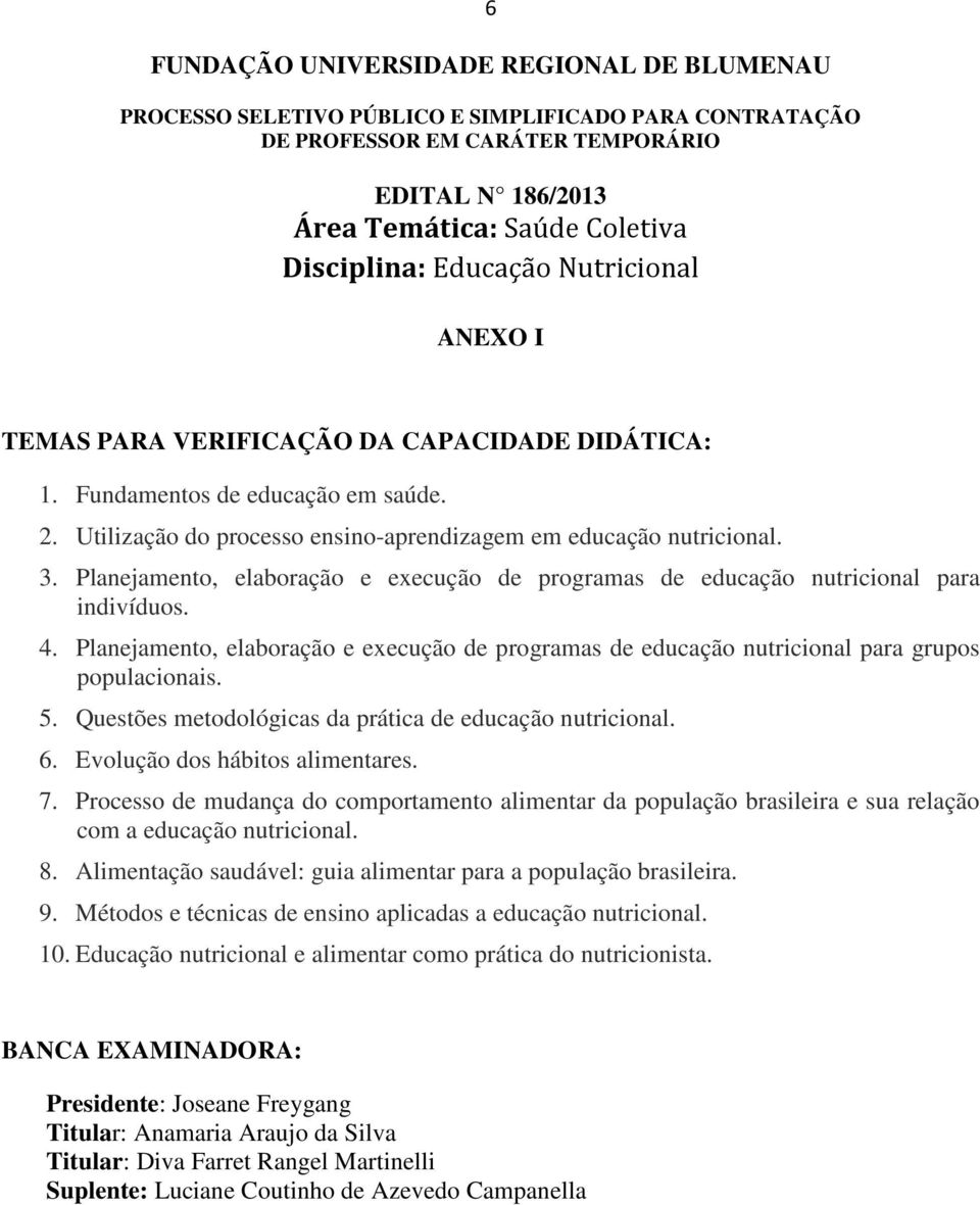 Planejamento, elaboração e execução de programas de educação nutricional para grupos populacionais. 5. Questões metodológicas da prática de educação nutricional. 6. Evolução dos hábitos alimentares.