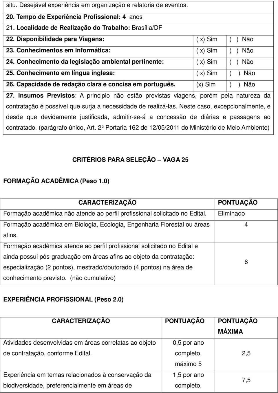 Conhecimento em língua inglesa: ( x) Sim ( ) Não 26. Capacidade de redação clara e concisa em português. (x) Sim ( ) Não 27.