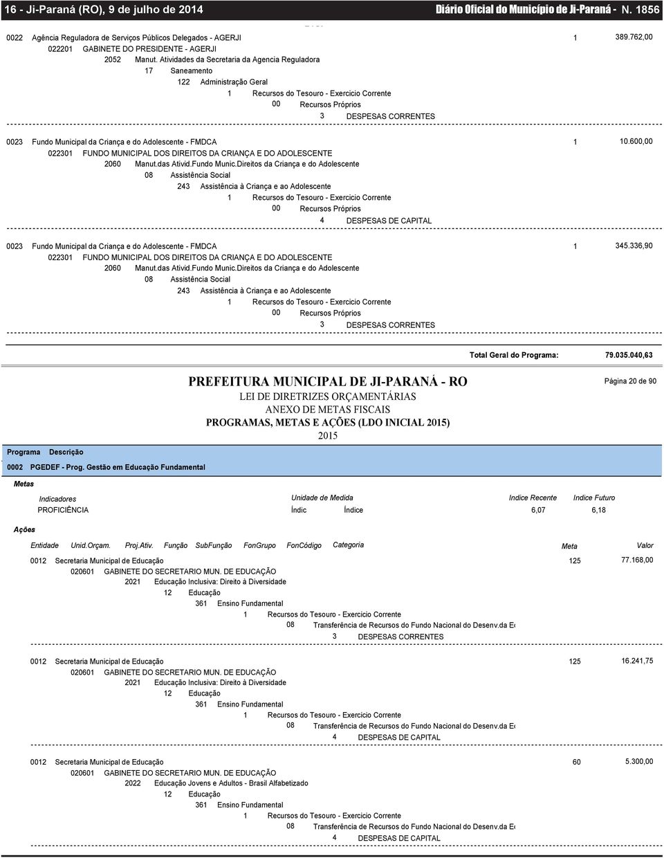 762,00 0023 Fundo Municipal da Criança e do Adolescente - FMDCA 02230 FUNDO MUNICIPAL DOS DIREITOS DA CRIANÇA E DO ADOLESCENTE 2060 Manut.das Ativid.Fundo Munic.Direitos da Criança e do Adolescente 243 Assistência à Criança e ao Adolescente 0.