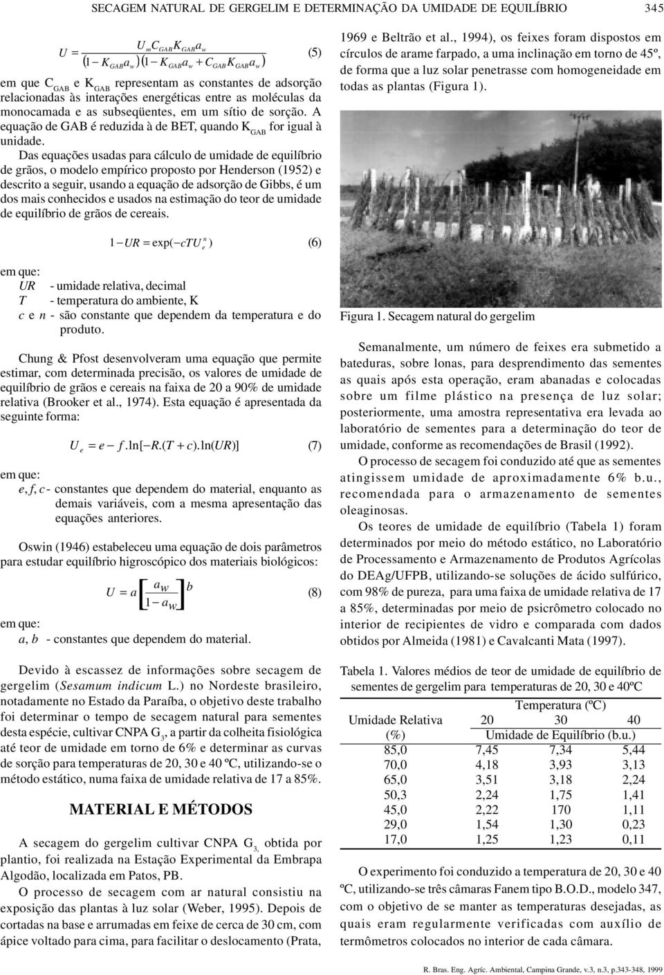 Ds equções usds pr cálculo de umidde de equilíbrio de grãos, o modelo empírico proposto por Hederso (1952) e descrito seguir, usdo equção de dsorção de Gibbs, é um dos mis cohecidos e usdos estimção