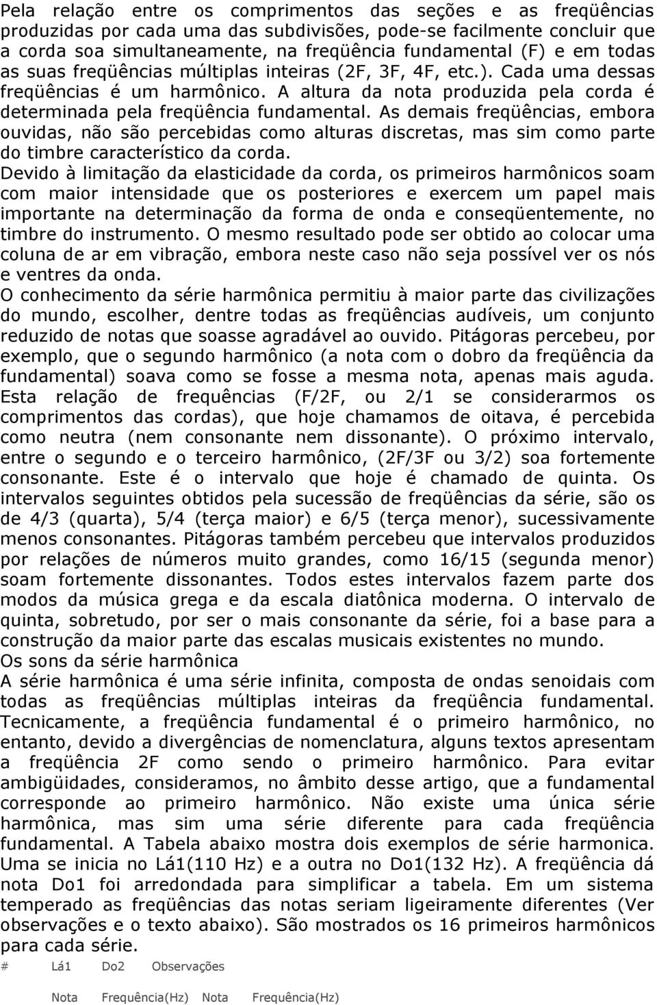 As demais freqüências, embora ouvidas, não são percebidas como alturas discretas, mas sim como parte do timbre característico da corda.