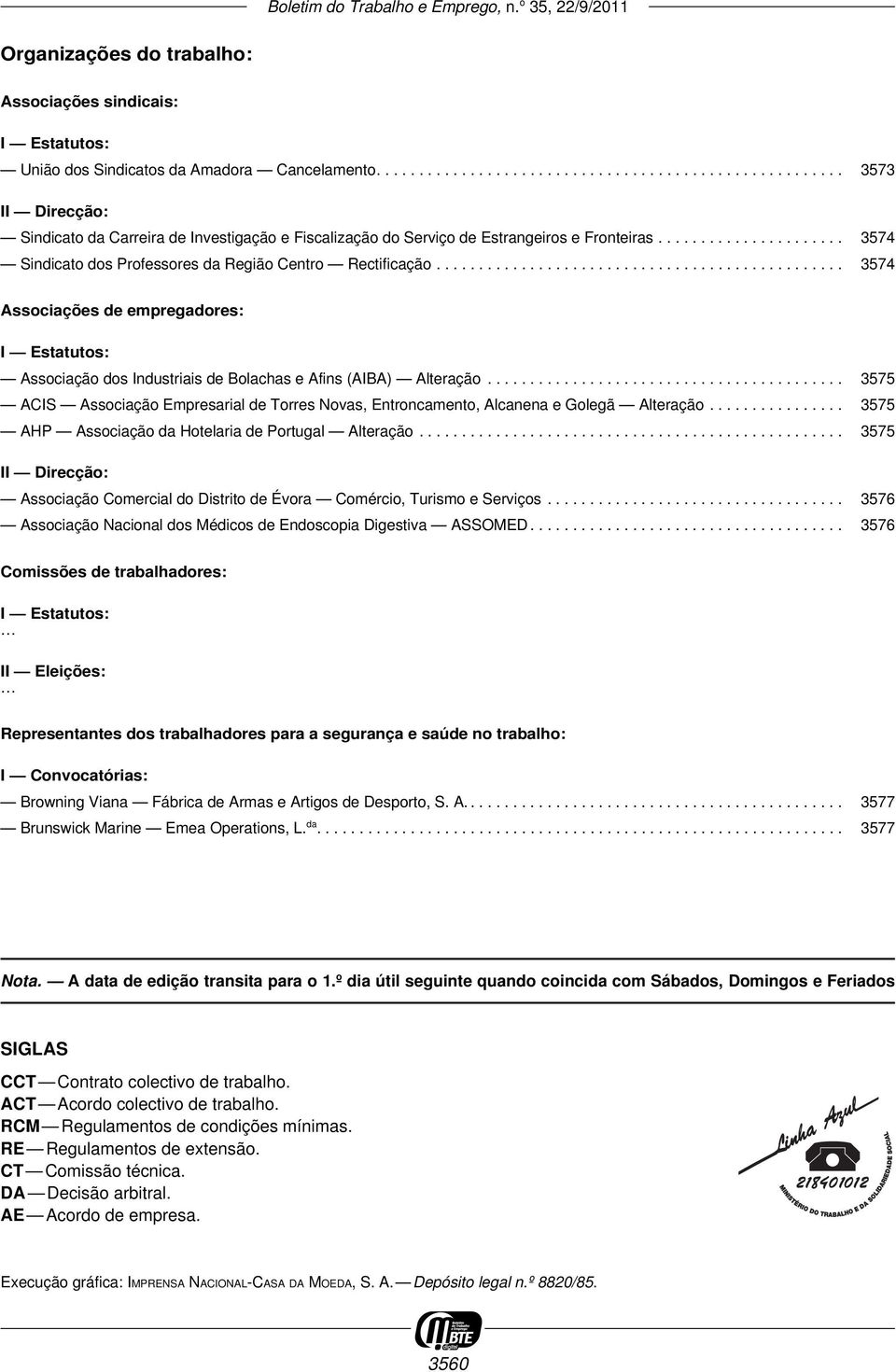 ..................... 3574 Sindicato dos Professores da Região Centro Rectificação................................................ 3574 Associações de empregadores: I Estatutos: Associação dos Industriais de Bolachas e Afins (AIBA) Alteração.