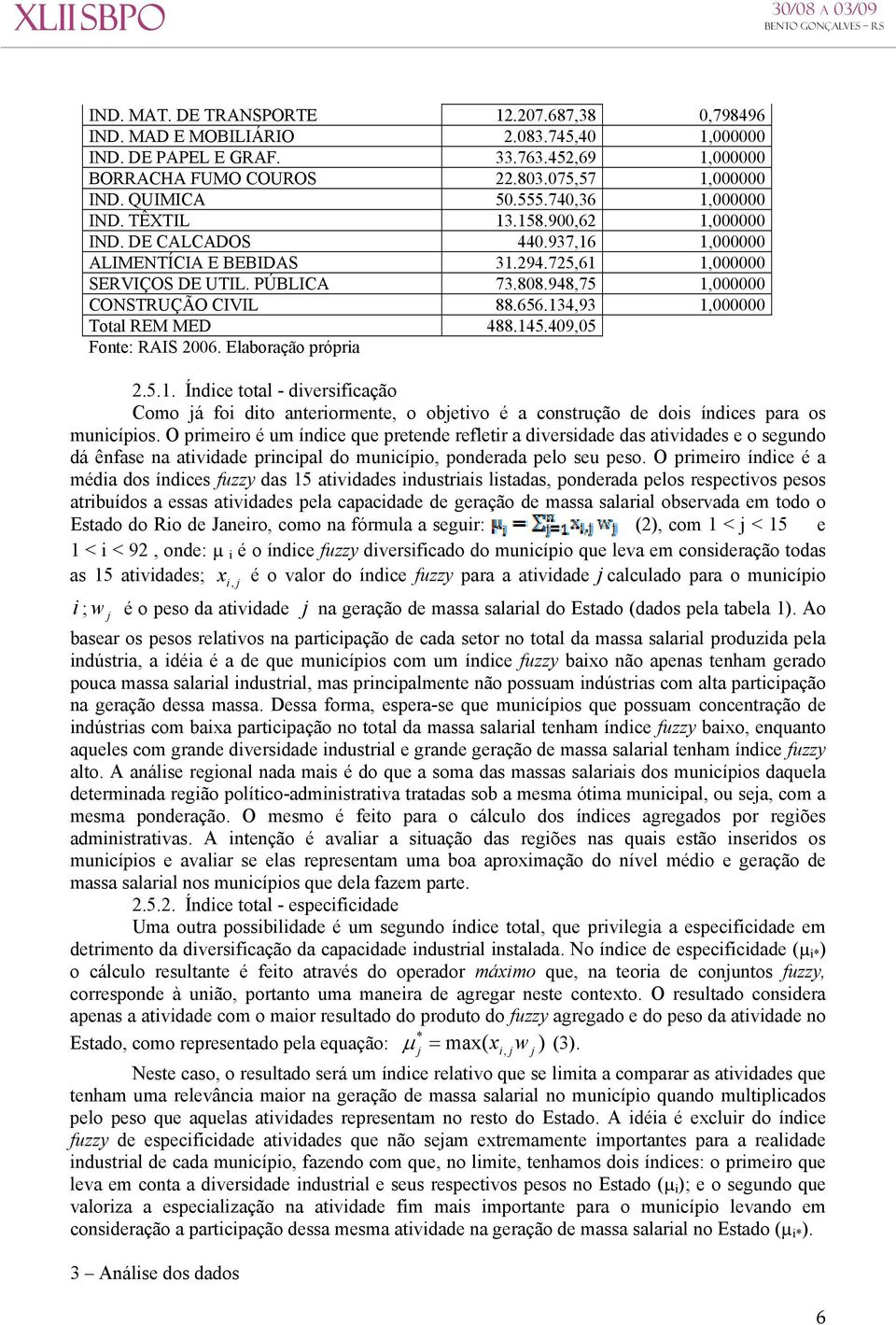 948,75 1,000000 CONSTRUÇÃO CIVIL 88.656.134,93 1,000000 Total REM MED 488.145.409,05 Fonte: RAIS 2006. Elaboração própria 2.5.1. Índice total - diversificação Como já foi dito anteriormente, o objetivo é a construção de dois índices para os municípios.