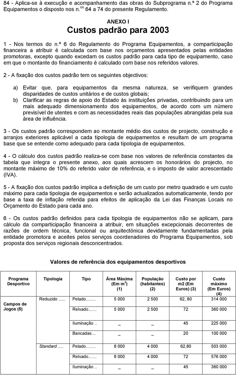 º 6 do Regulamento do Programa Equipamentos, a comparticipação financeira a atribuir é calculada com base nos orçamentos apresentados pelas entidades promotoras, excepto quando excedam os custos