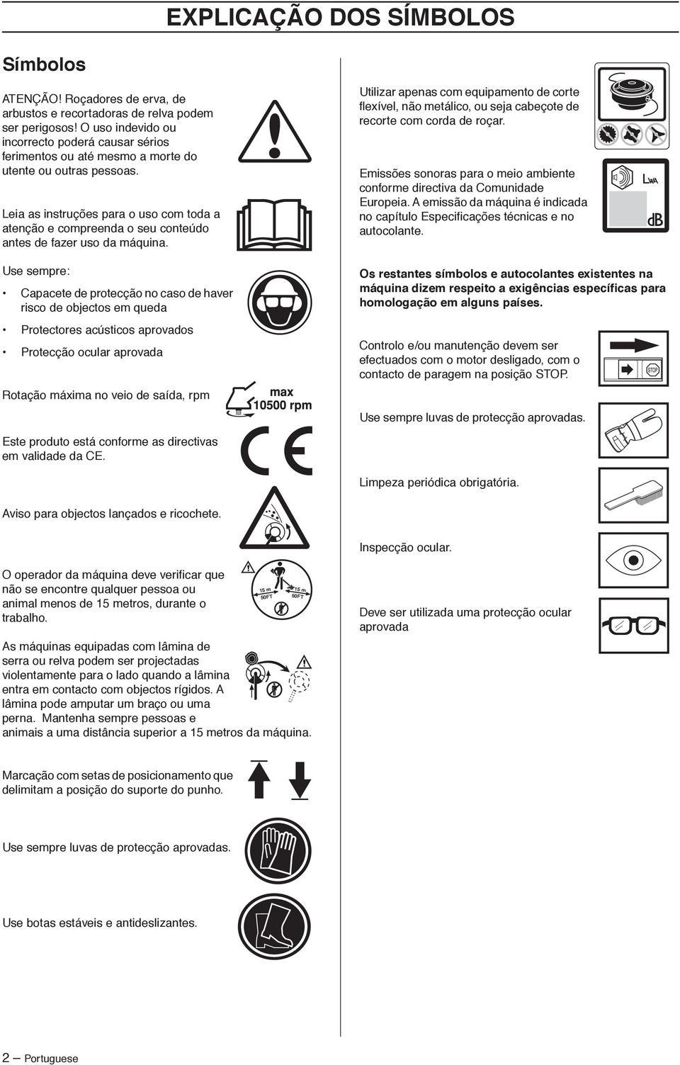 Use sempre: Capacete de protecção no caso de haver risco de objectos em queda Protectores acústicos aprovados Protecção ocular aprovada Rotação máxima no veio de saída, rpm Utilizar apenas com