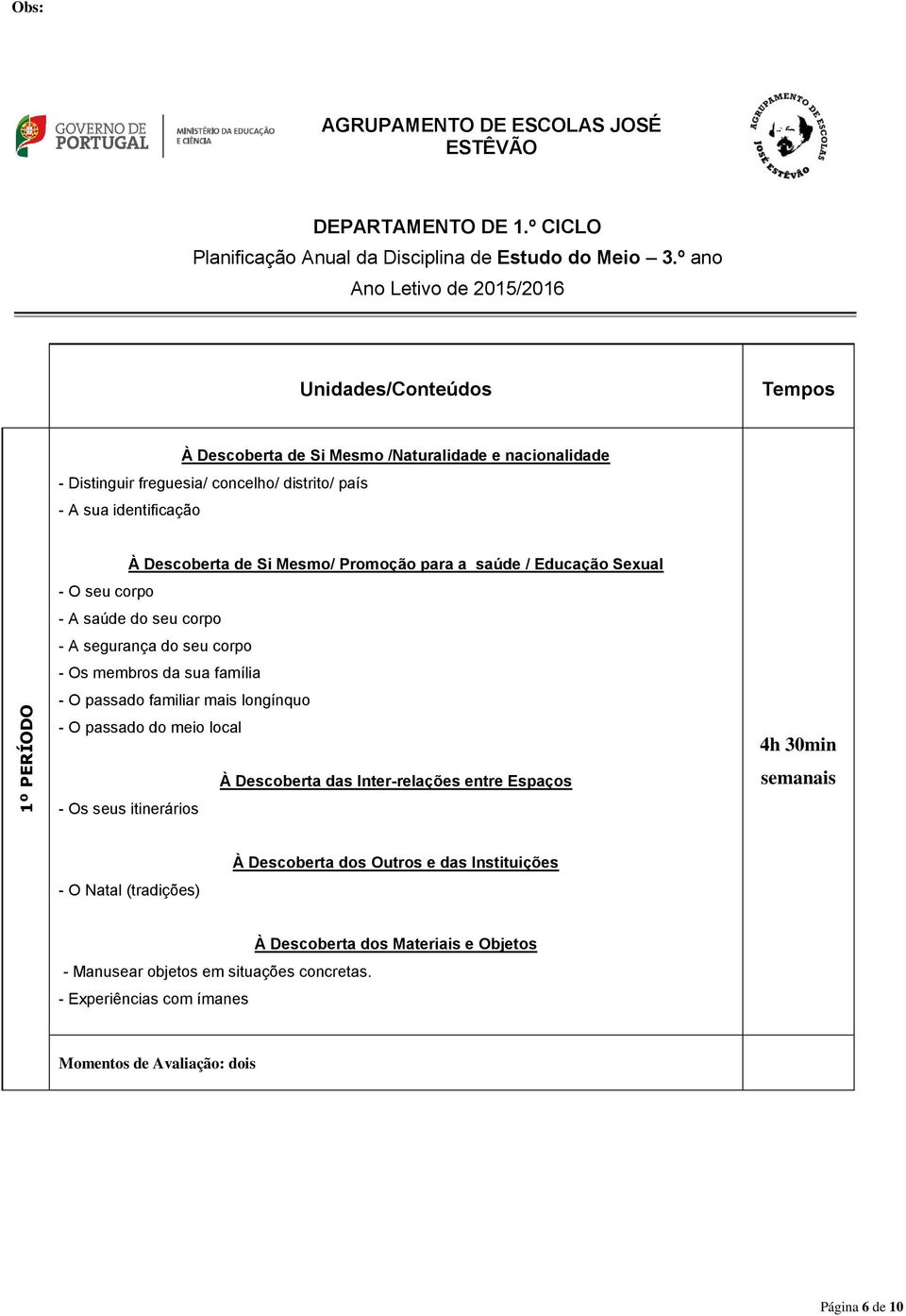 Si Mesmo/ Promoção para a saúde / Educação Sexual - O seu corpo - A saúde do seu corpo - A segurança do seu corpo - Os membros da sua família - O passado familiar mais longínquo - O passado do meio