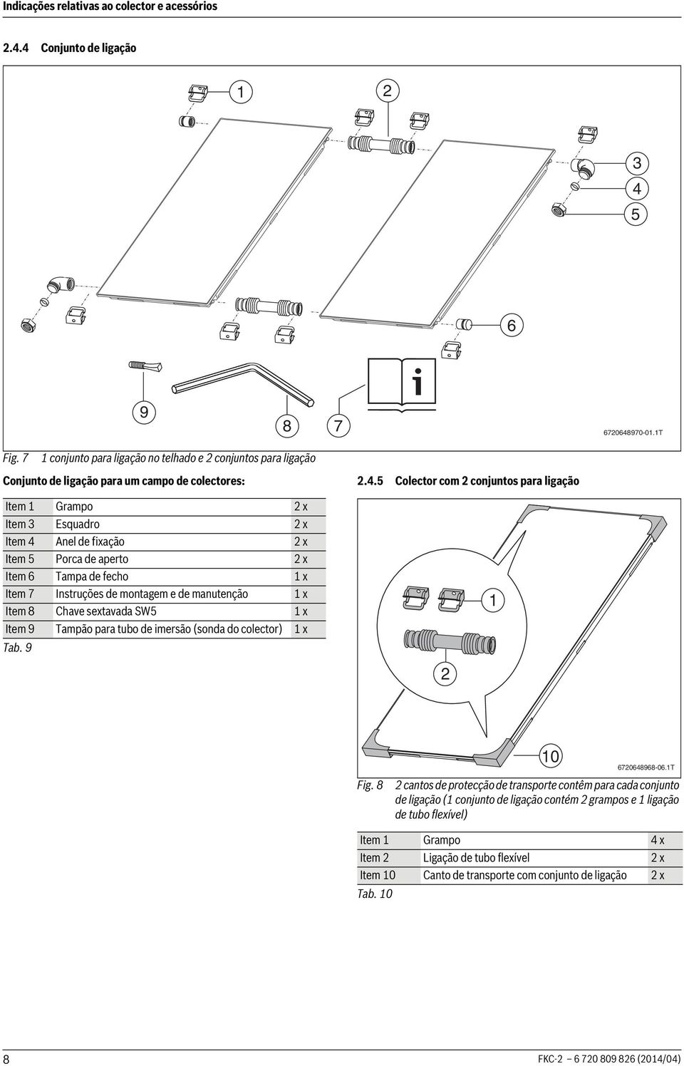 5 Colector com conjuntos para ligação Item Grampo x Item 3 Esquadro x Item 4 Anel de fixação x Item 5 Porca de aperto x Item 6 Tampa de fecho x Item 7 Instruções de montagem e de manutenção x Item 8