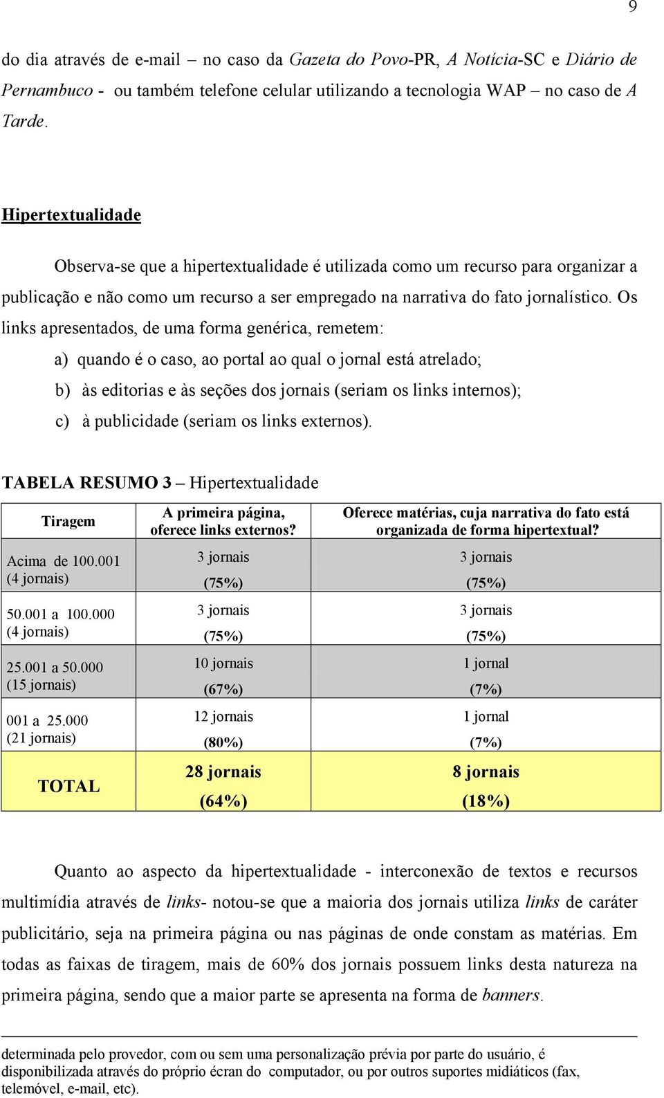 Os links apresentados, de uma forma genérica, remetem: a) quando é o caso, ao portal ao qual o jornal está atrelado; b) às editorias e às seções dos jornais (seriam os links internos); c) à