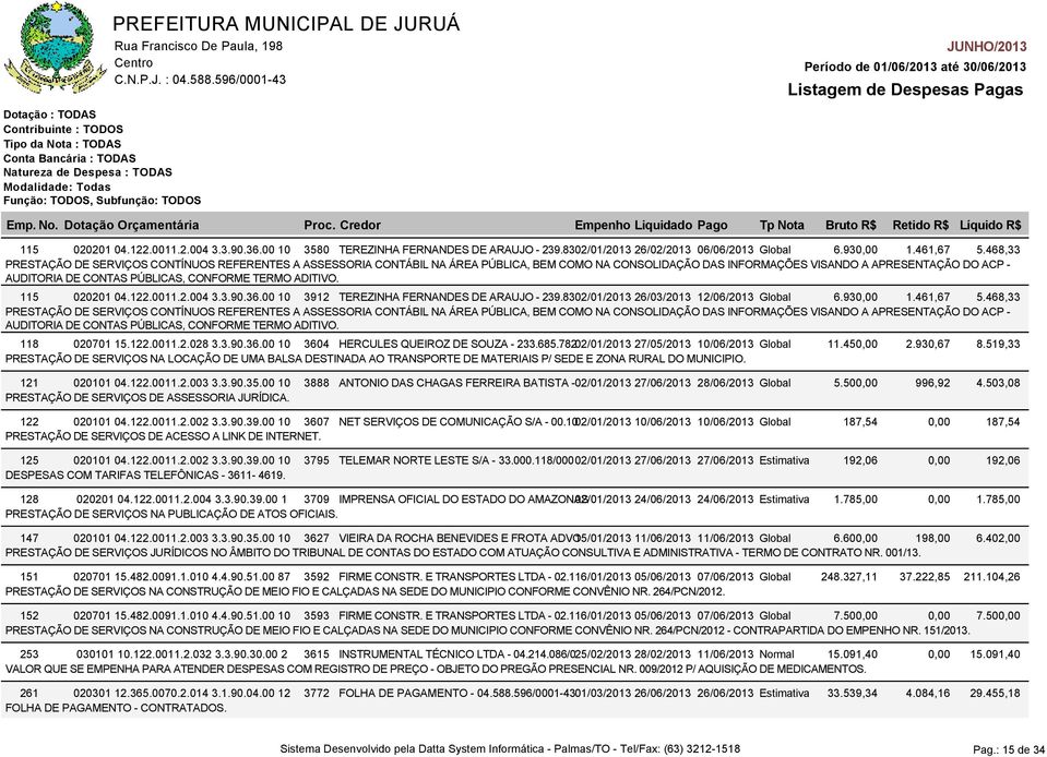 CONFORME TERMO ADITIVO. 115 020201 04.122.0011.2.004 3.3.90.36.00 10 3912 TEREZINHA FERNANDES DE ARAUJO - 239.8302/01/2013 26/03/2013 12/06/2013 Global 6.930,00 1.461,67 5. CONFORME TERMO ADITIVO.