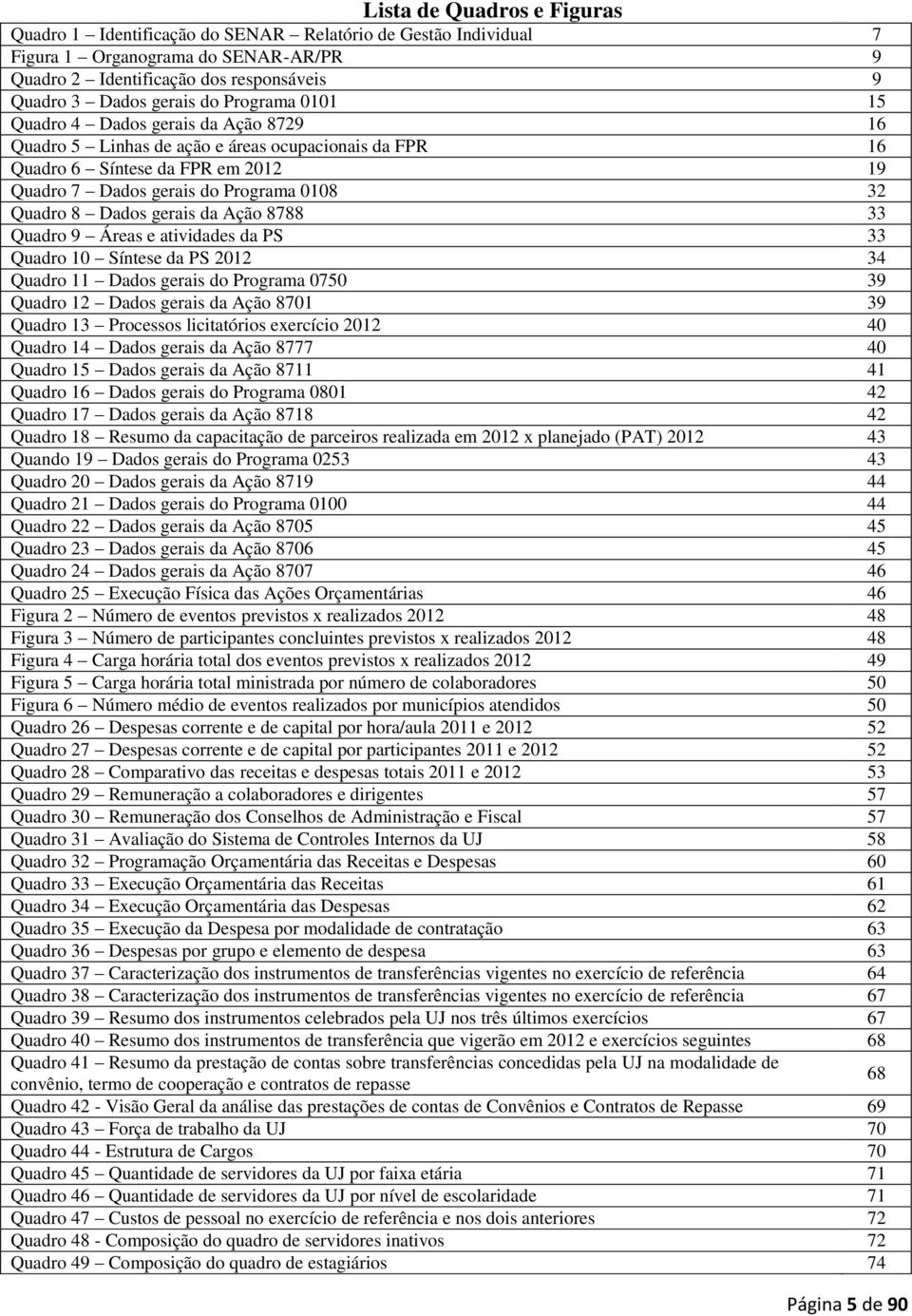 Dados gerais da Ação 8788 33 Quadro 9 Áreas e atividades da PS 33 Quadro 10 Síntese da PS 2012 34 Quadro 11 Dados gerais do Programa 0750 39 Quadro 12 Dados gerais da Ação 8701 39 Quadro 13 Processos