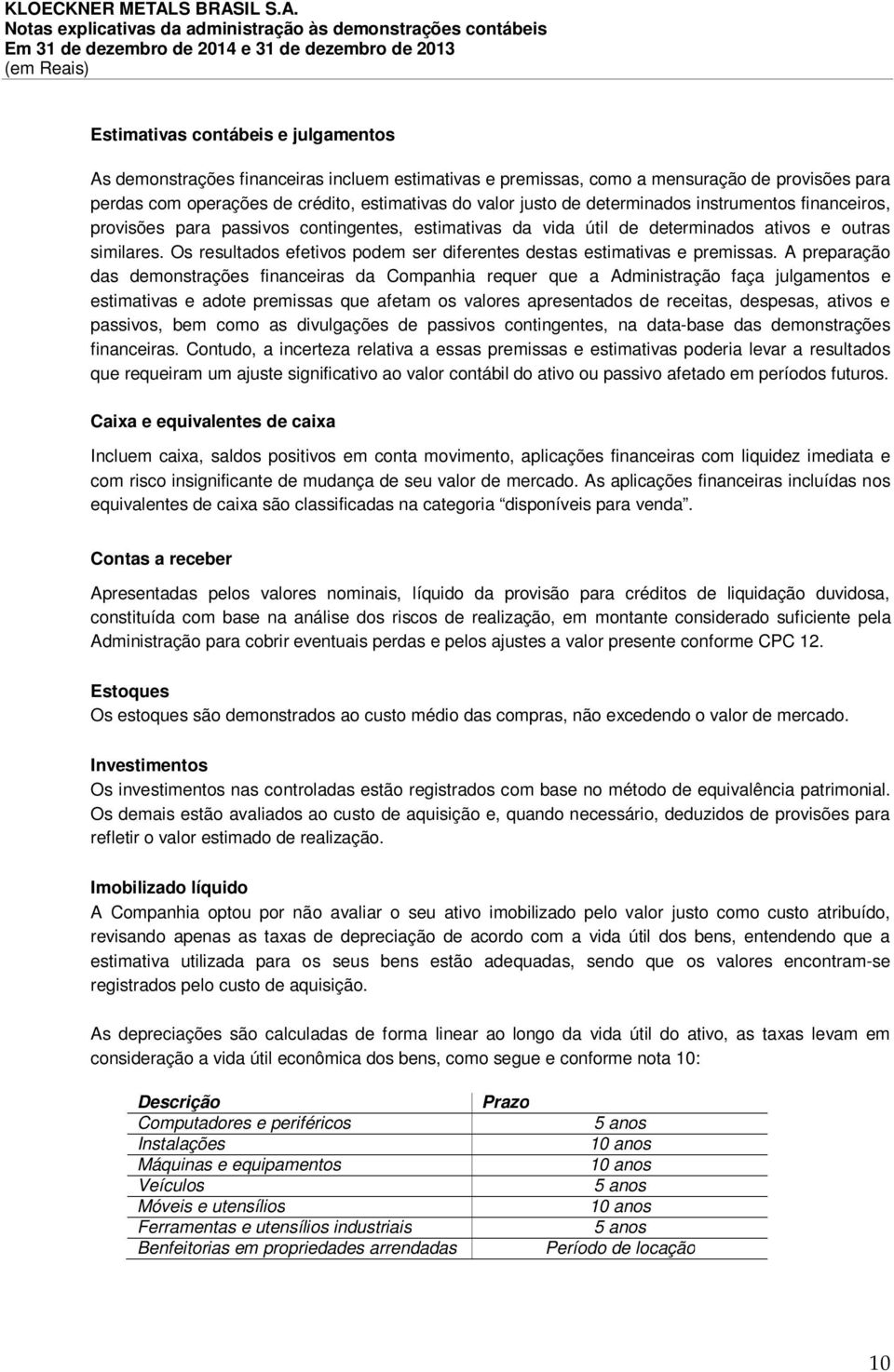 Os resultados efetivos podem ser diferentes destas estimativas e premissas.