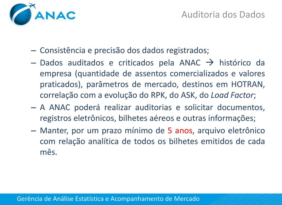 do RPK, do ASK, do Load Factor; A ANAC poderá realizar auditorias e solicitar documentos, registros eletrônicos, bilhetes aéreos e