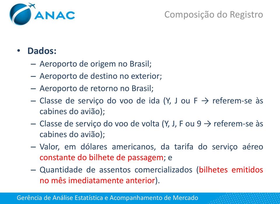 volta (Y, J, F ou 9 referem-se às cabines do avião); Valor, em dólares americanos, da tarifa do serviço aéreo