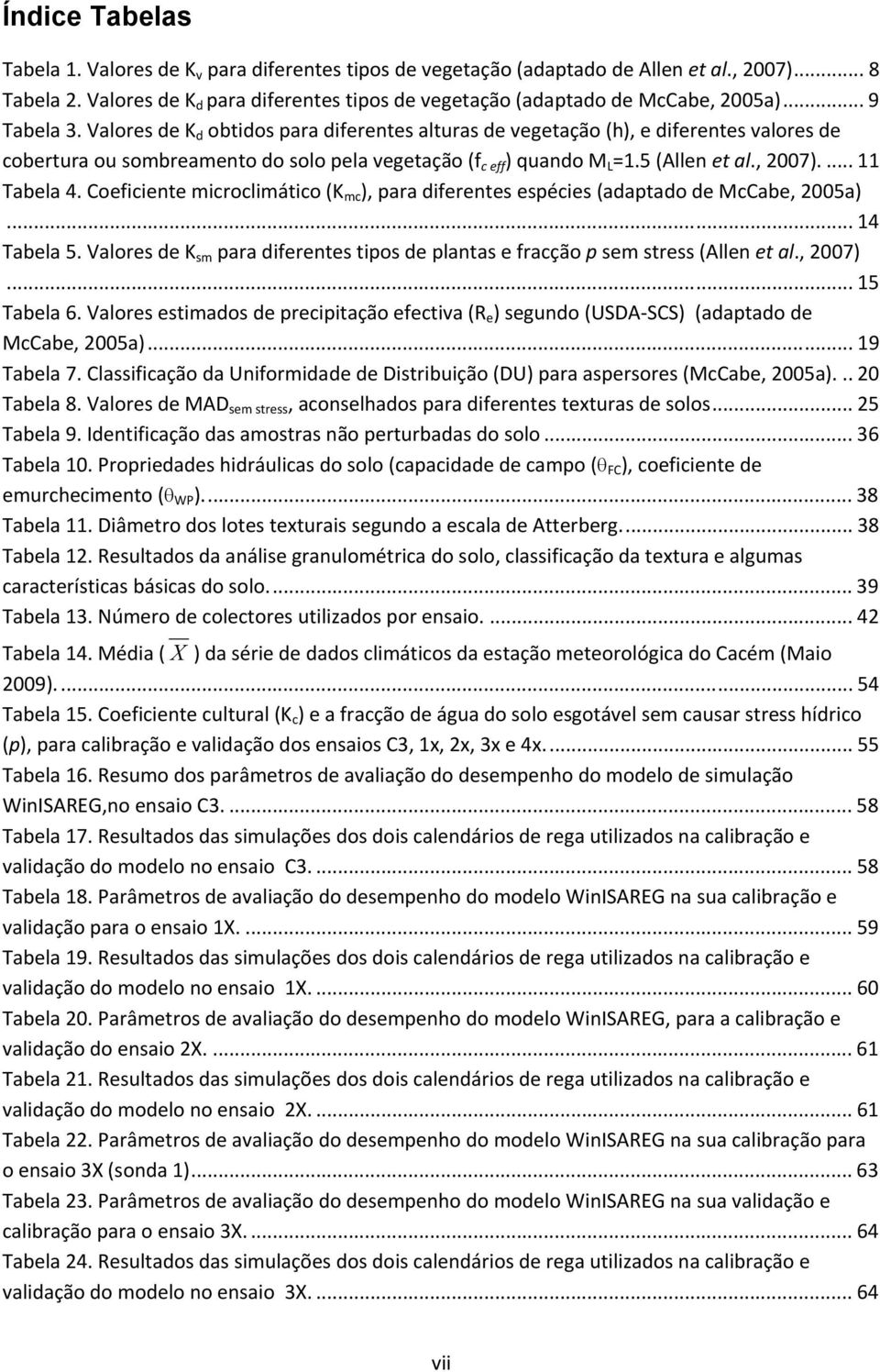 Valores de K d obtidos para diferentes alturas de vegetação (h), e diferentes valores de cobertura ou sombreamento do solo pela vegetação (f c eff ) quando M L =1.5 (Allen et al., 2007).... 11 Tabela 4.