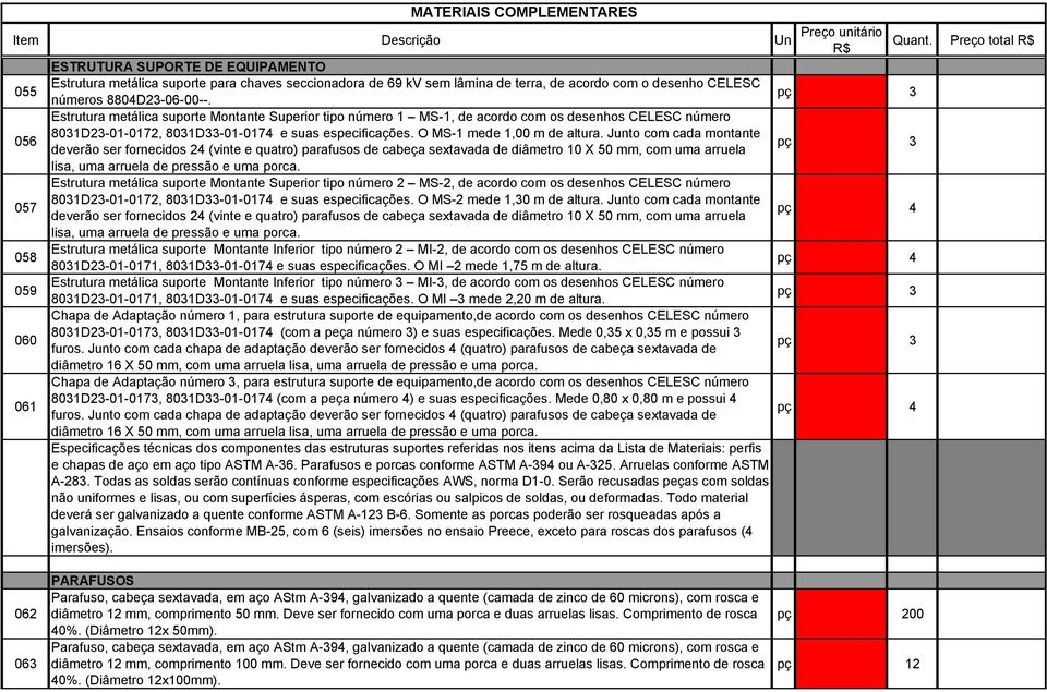 056 Estrutura metálica suporte Montante Superior tipo número 1 MS-1, de acordo com os desenhos CELESC número 8031D23-01-0172, 8031D33-01-0174 e suas especificações. O MS-1 mede 1,00 m de altura.