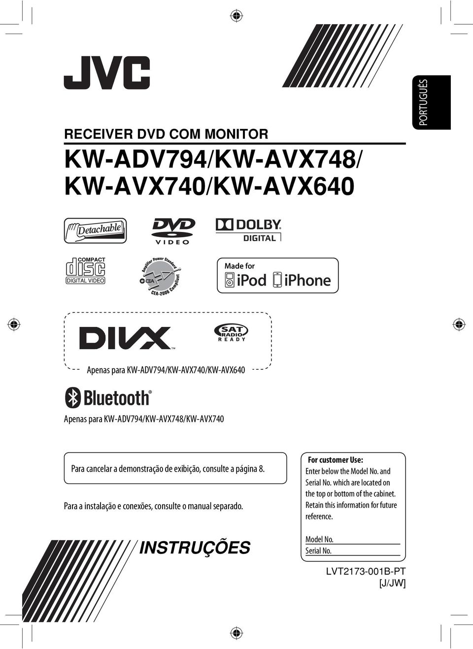 Para a instalação e conexões, consulte o manual separado. INSTRUÇÕES For customer Use: Enter below the Model No.