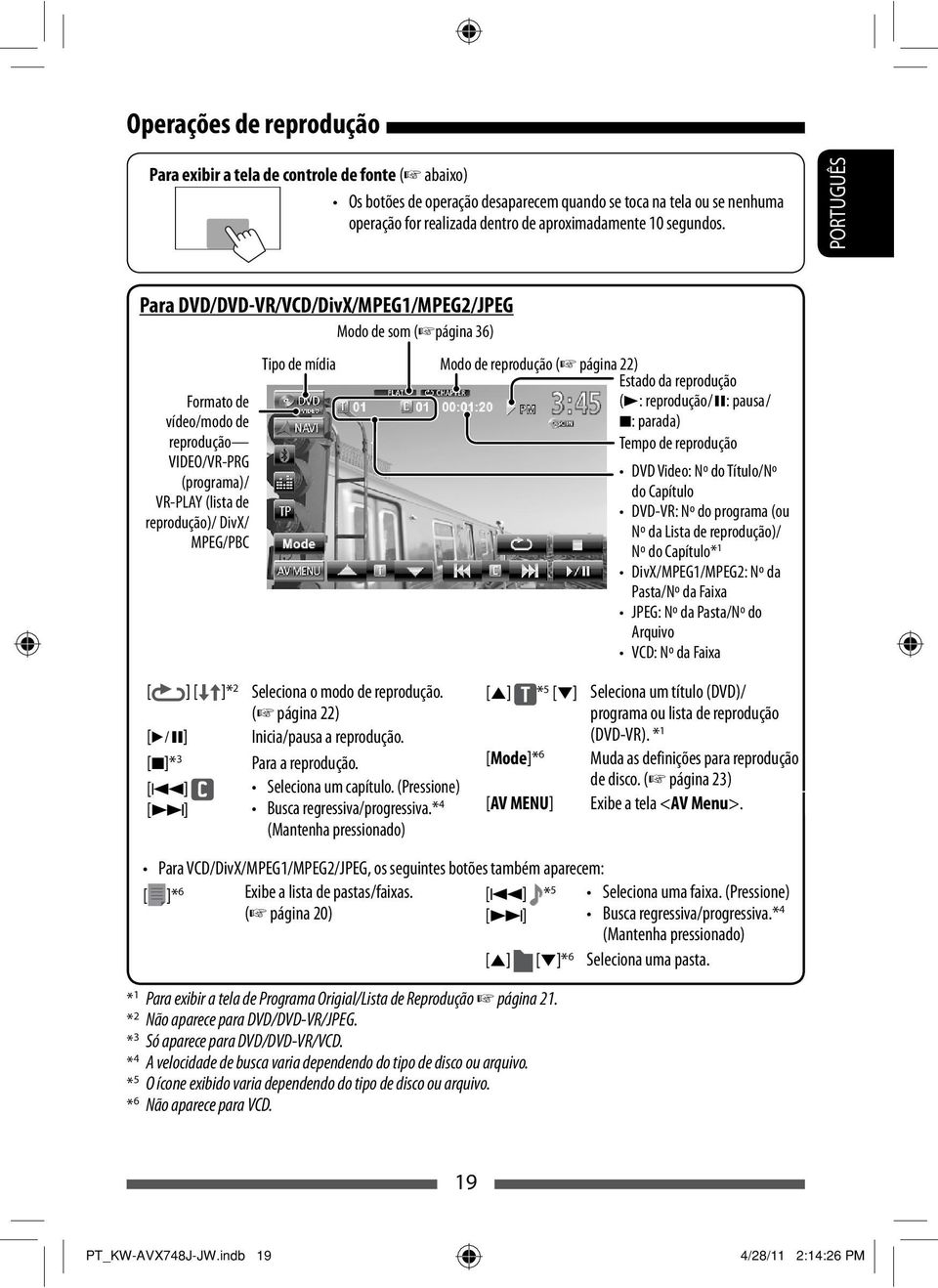 Para DVD/DVD-VR/VCD/DivX/MPEG1/MPEG2/JPEG Modo de som ( página 36) Formato de vídeo/modo de reprodução VIDEO/VR-PRG (programa)/ VR-PLAY (lista de reprodução)/ DivX/ MPEG/PBC Tipo de mídia Modo de