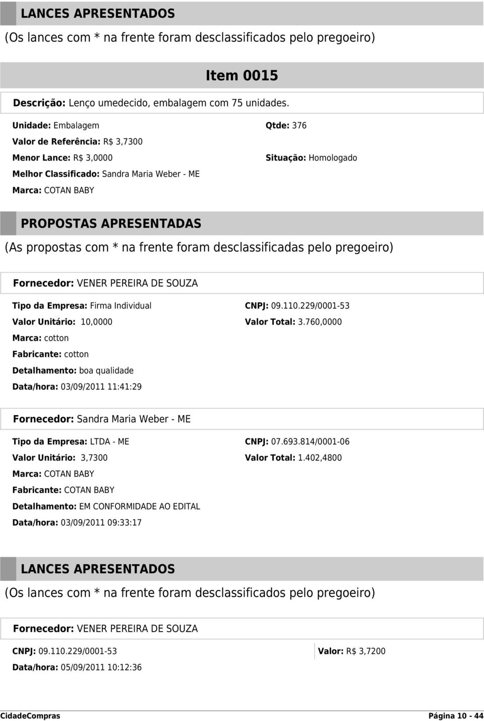 Individual CNPJ: 09.110.229/0001-53 Valor Unitário: 10,0000 Valor Total: 3.