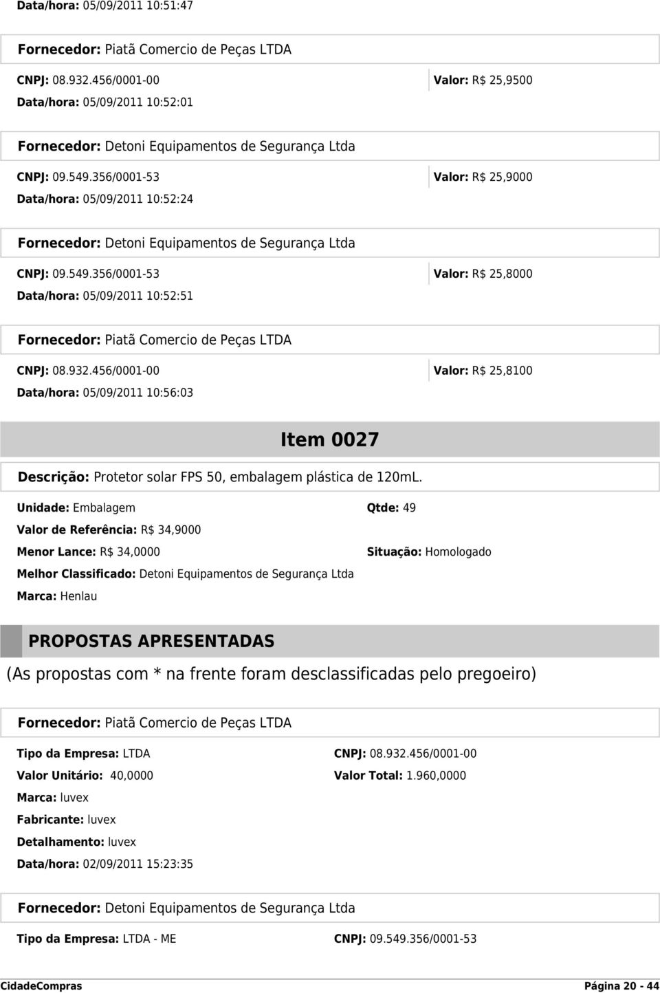 356/0001-53 Valor: R$ 25,9000 Data/hora: 05/09/2011 10:52:24 Fornecedor: Detoni Equipamentos de Segurança Ltda CNPJ: 09.549.