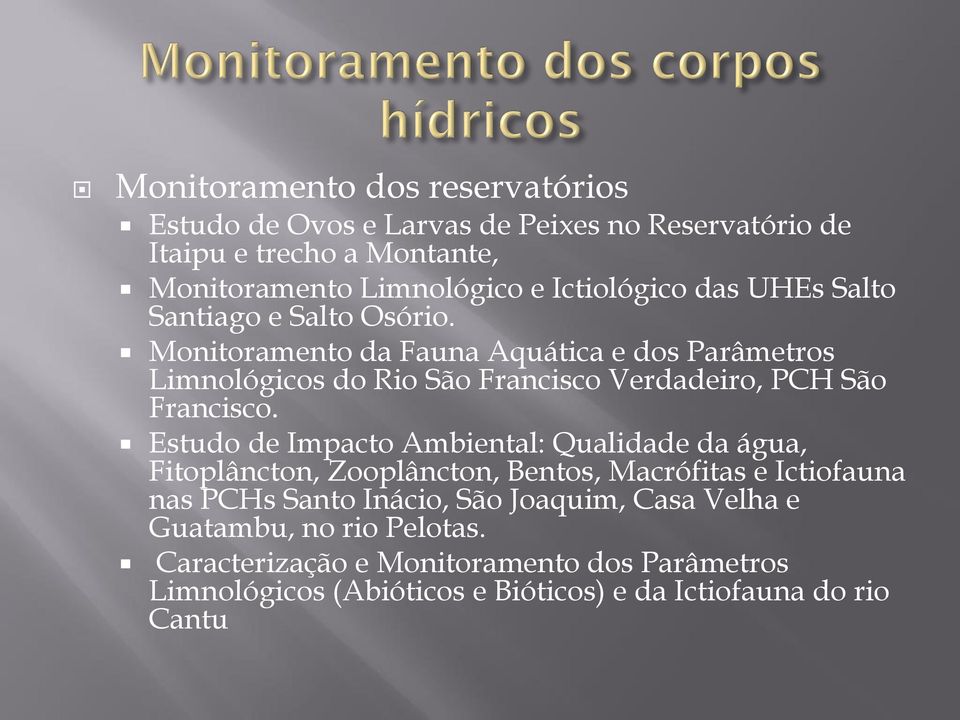 Monitoramento da Fauna Aquática e dos Parâmetros Limnológicos do Rio São Francisco Verdadeiro, PCH São Francisco.