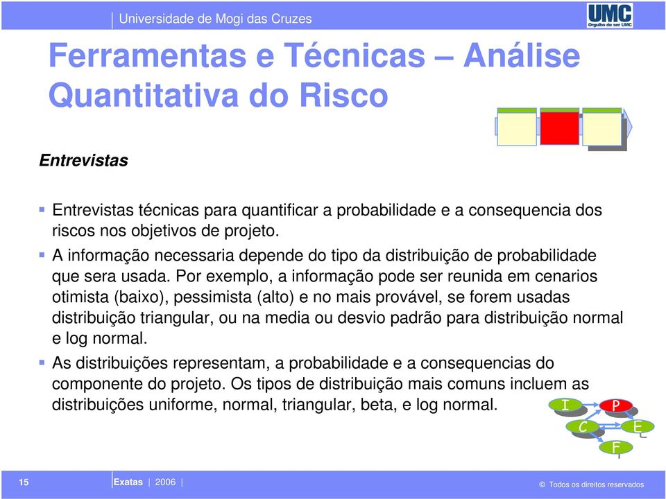 Por exemplo, a informação po ser reunida em cenarios otimista (baixo), pessimista (alto) e no mais provável, se forem usadas distribuição triangular, ou na media ou svio