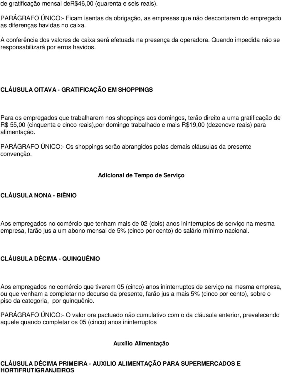 CLÁUSULA OITAVA - GRATIFICAÇÃO EM SHOPPINGS Para os empregados que trabalharem nos shoppings aos domingos, terão direito a uma gratificação de R$ 55,00 (cinquenta e cinco reais),por domingo